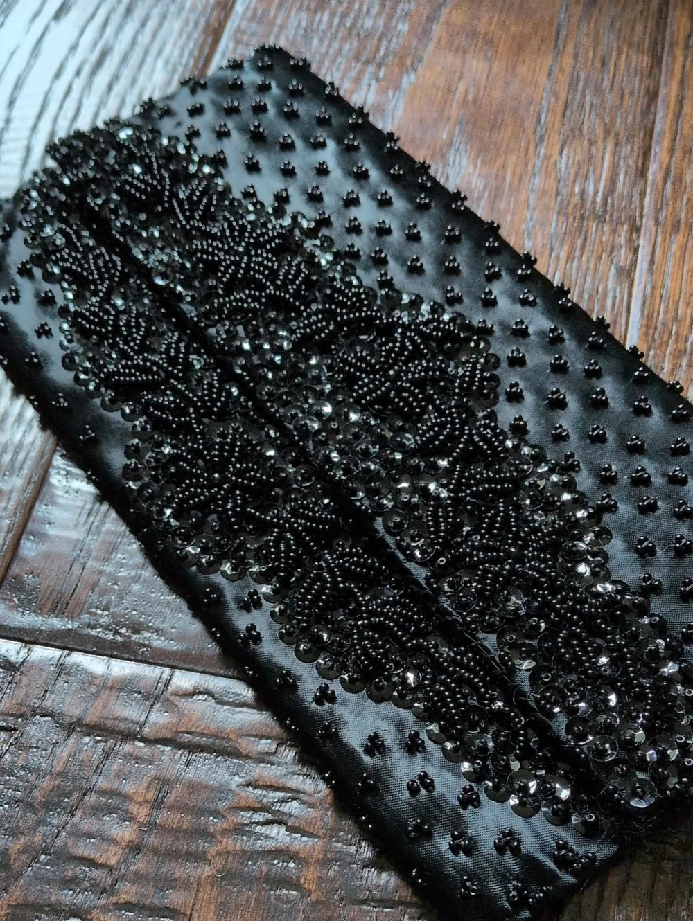 VINTAGE Black Beaded Satin Fold-Over Clutch Purse by Grande Maison Blanche